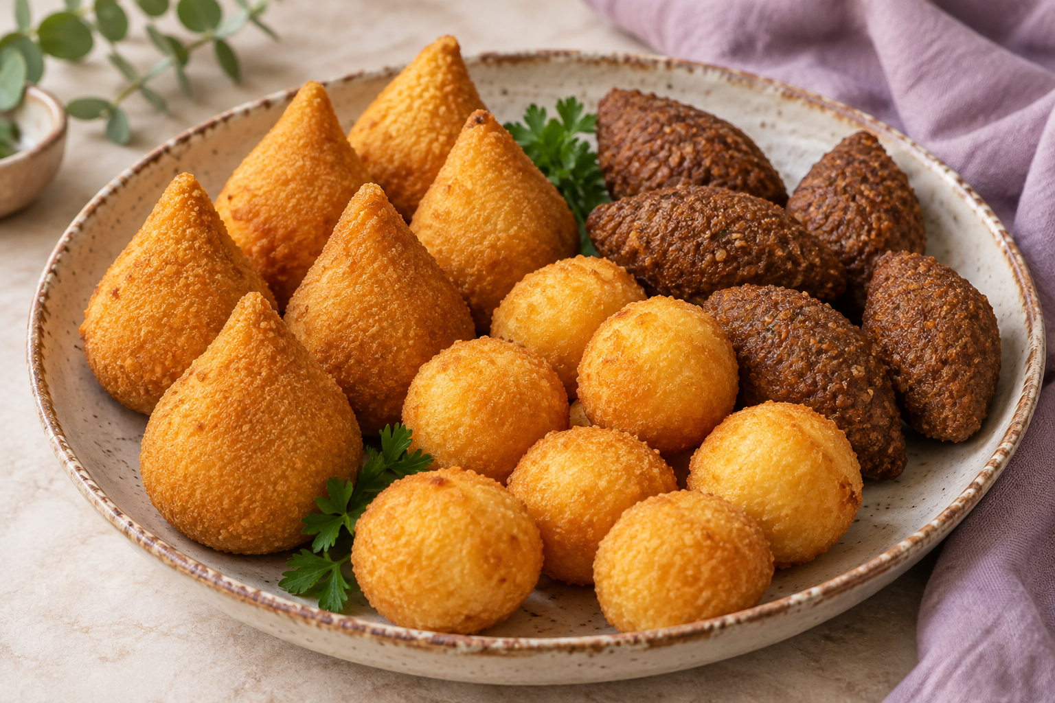 Imagem ilustrativa de coxinhas, bolinhas de queijo e quibes em uma travessa